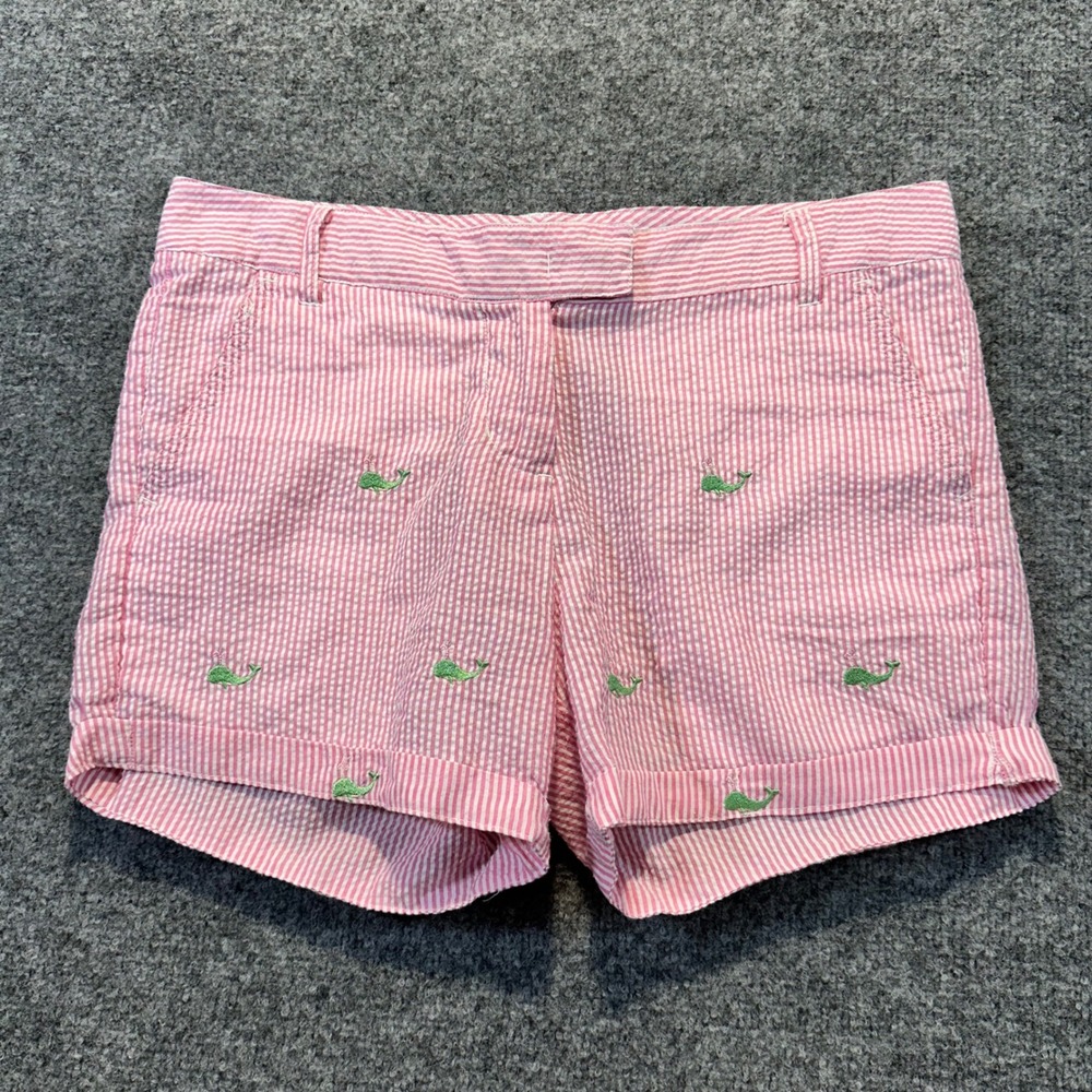 Castaway Seersucker Shorts Womens 8 Pink Whale Embroidered Preppy Coastal Beach